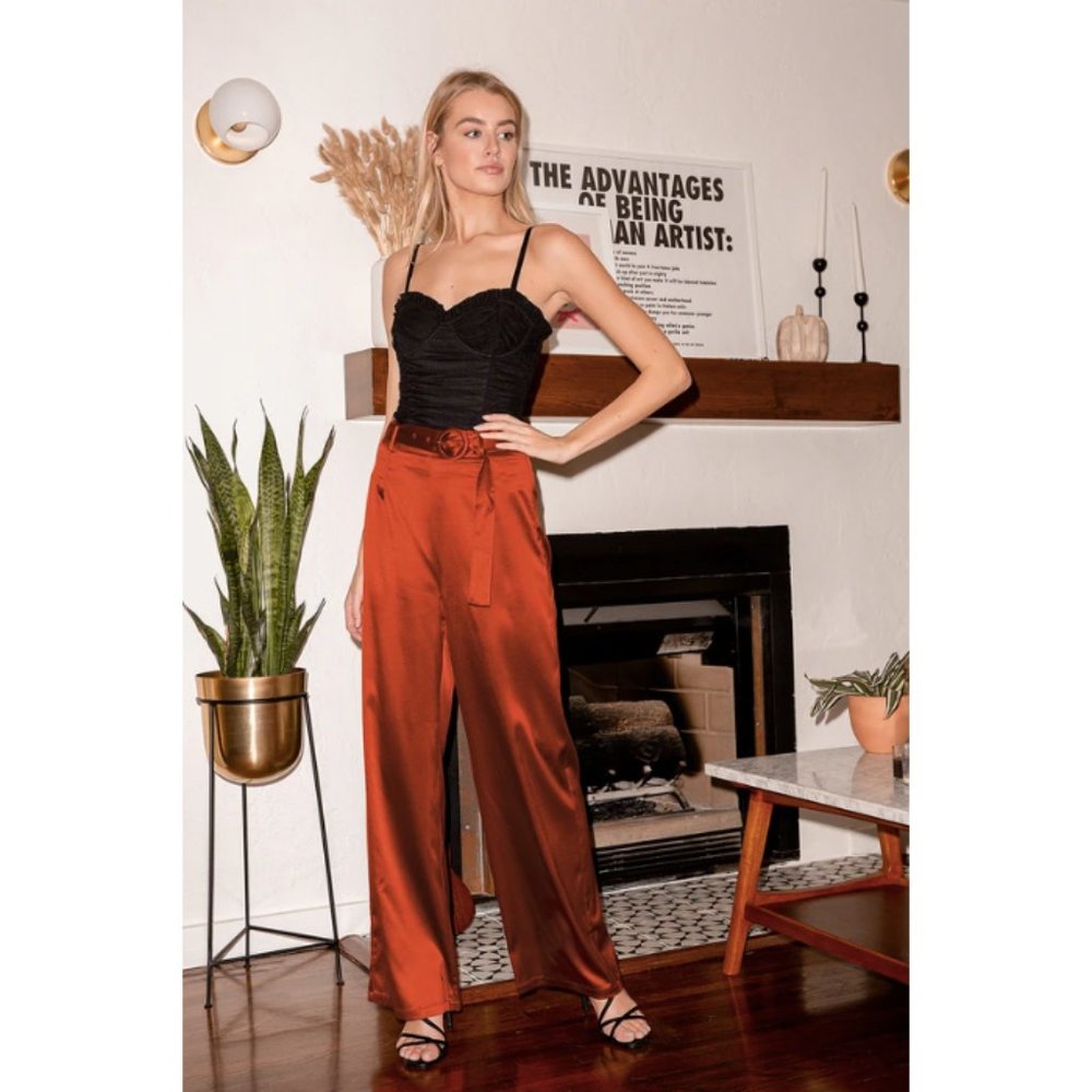 Lulus rust burnt orange satin Style Maven belted wide leg high waisted pants